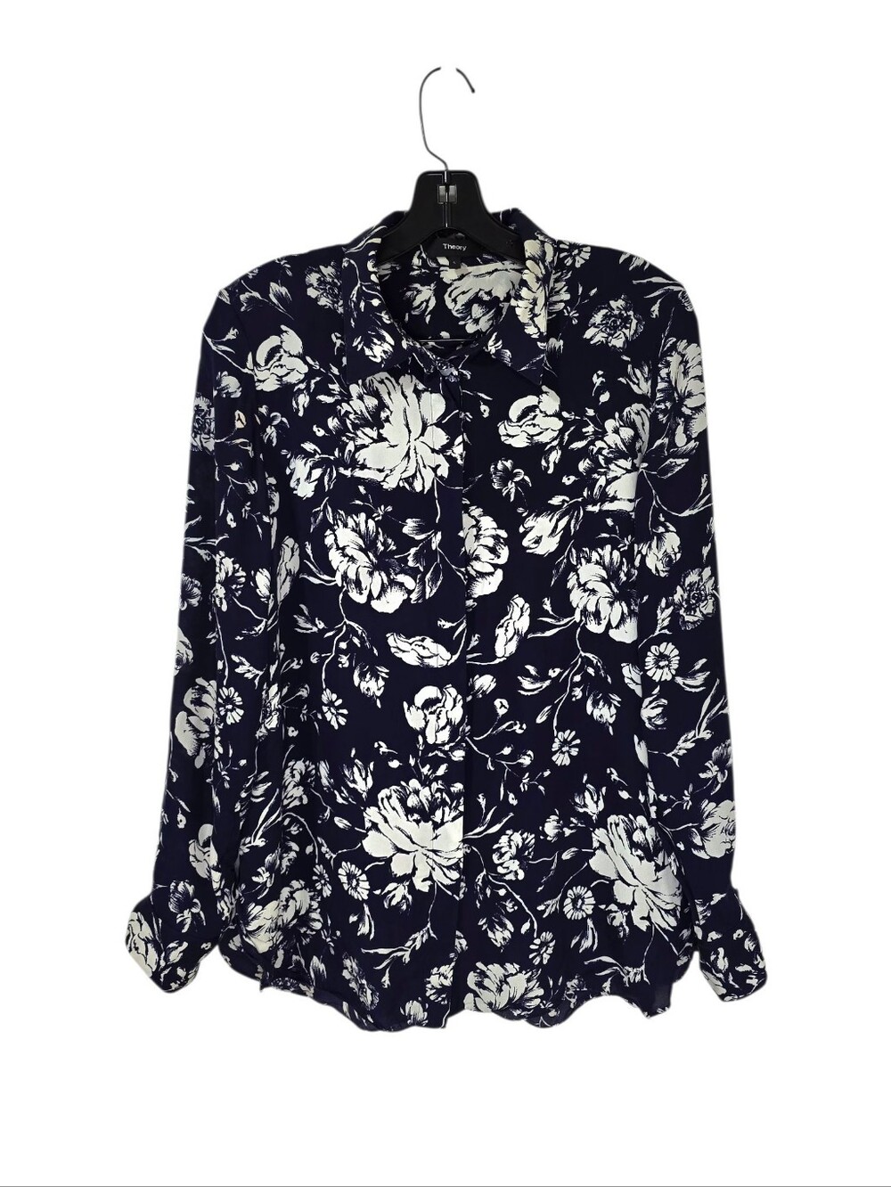 Theory Dark Navy Ivory Floral Silk Button Up Shirt Women's Large Office